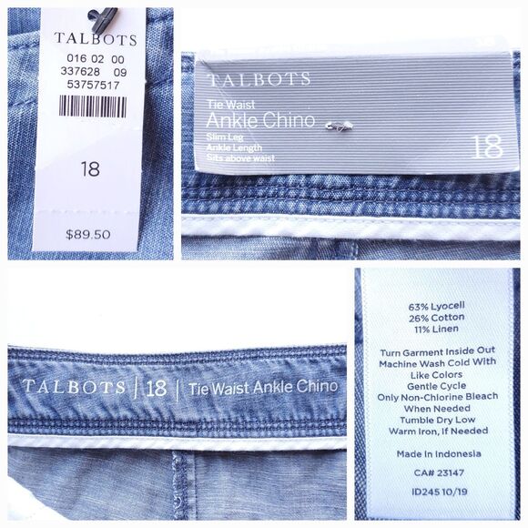 NWT Talbots Tie Waist Ankle Chino Pants Sz 18 Chambray Blue Pockets Slim Leg - Picture 3 of 11